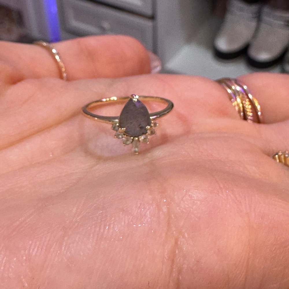 LOCAL ECLECTIC Solid Gold Labradorite Pear Dew Drop Moissanite Halo Dainty Ring - Picture 8 of 9